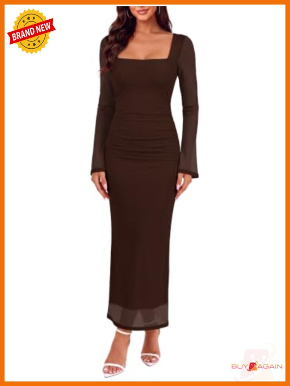 Women's Long Sleeve Mesh Formal Wedding Guest Maxi Dress Ruched Bodycon Slim Fit